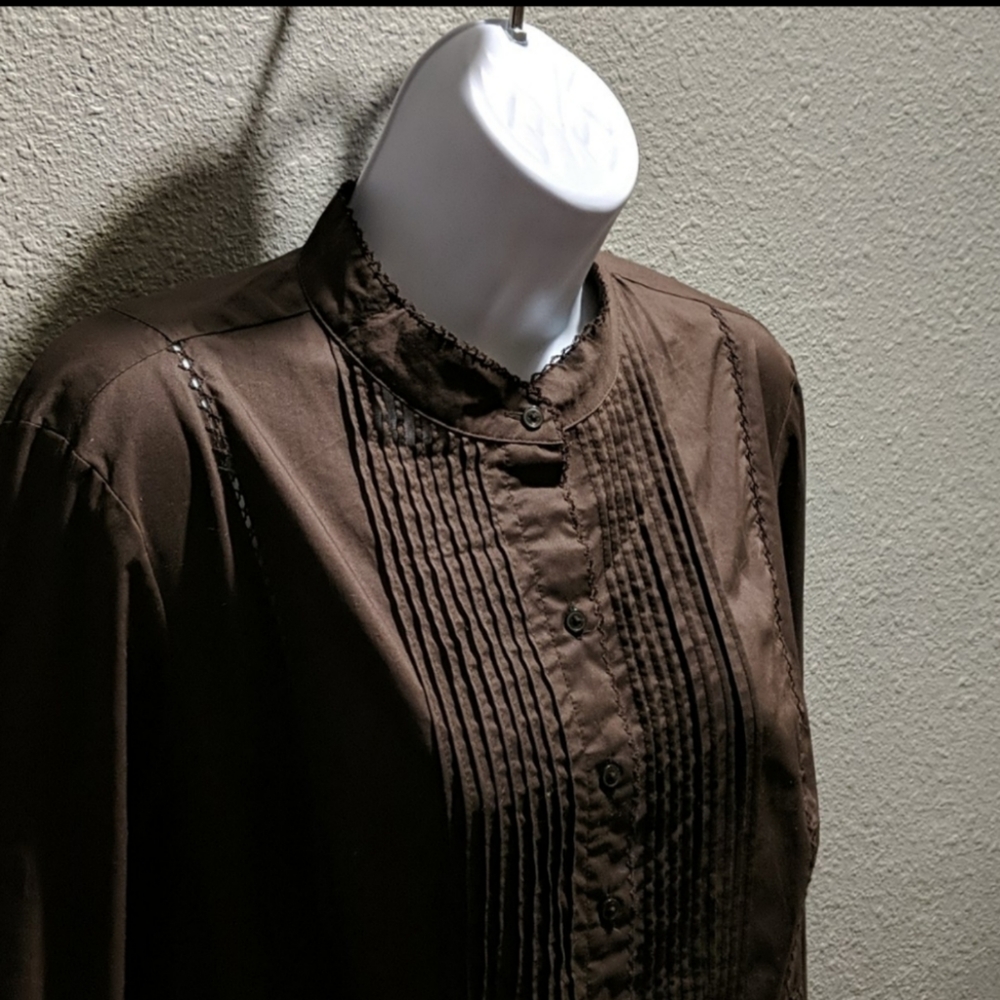 Anne Taylor Pleated Brown Button Down